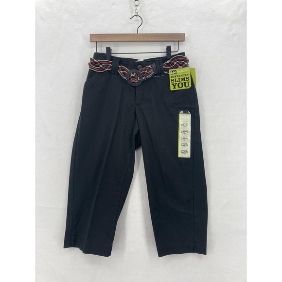 Lee Capri Pants Womens 4 Black Natural Fit Stretch Instantly Slimming Belted NWT - Picture 1 of 16